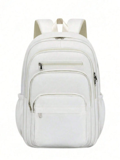 Solid Color Minimalist Casual Backpack, Large Capacity Multi-Compartment Design, Fits Laptop, Adjustable Shoulder Straps; Fashionable College Style School Bag, Luggage Handle Compatible, Zipper Closur