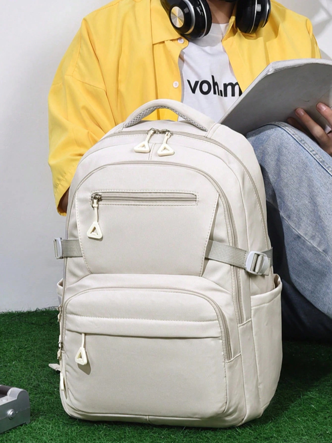 Solid Color Minimalist Casual Backpack, Large Capacity Multi-Compartment Design, Fits Laptop, Adjustable Shoulder Straps; Fashionable College Style School Bag, Luggage Handle Compatible, Zipper Closur