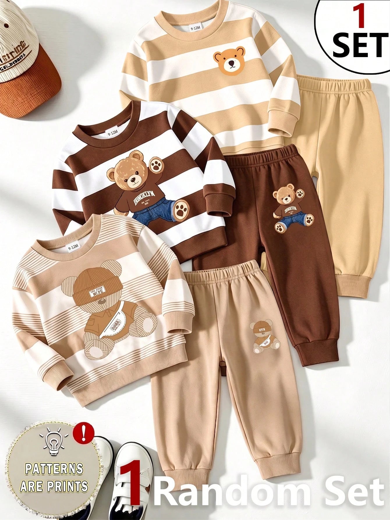 Souflis Souflis 1 Random Set From 3 Designs, Fresh Casual Cute Fun Cool Bear Hat Crossbody Bag Khaki Color With Brown Striped Print Pattern Round Neck Long