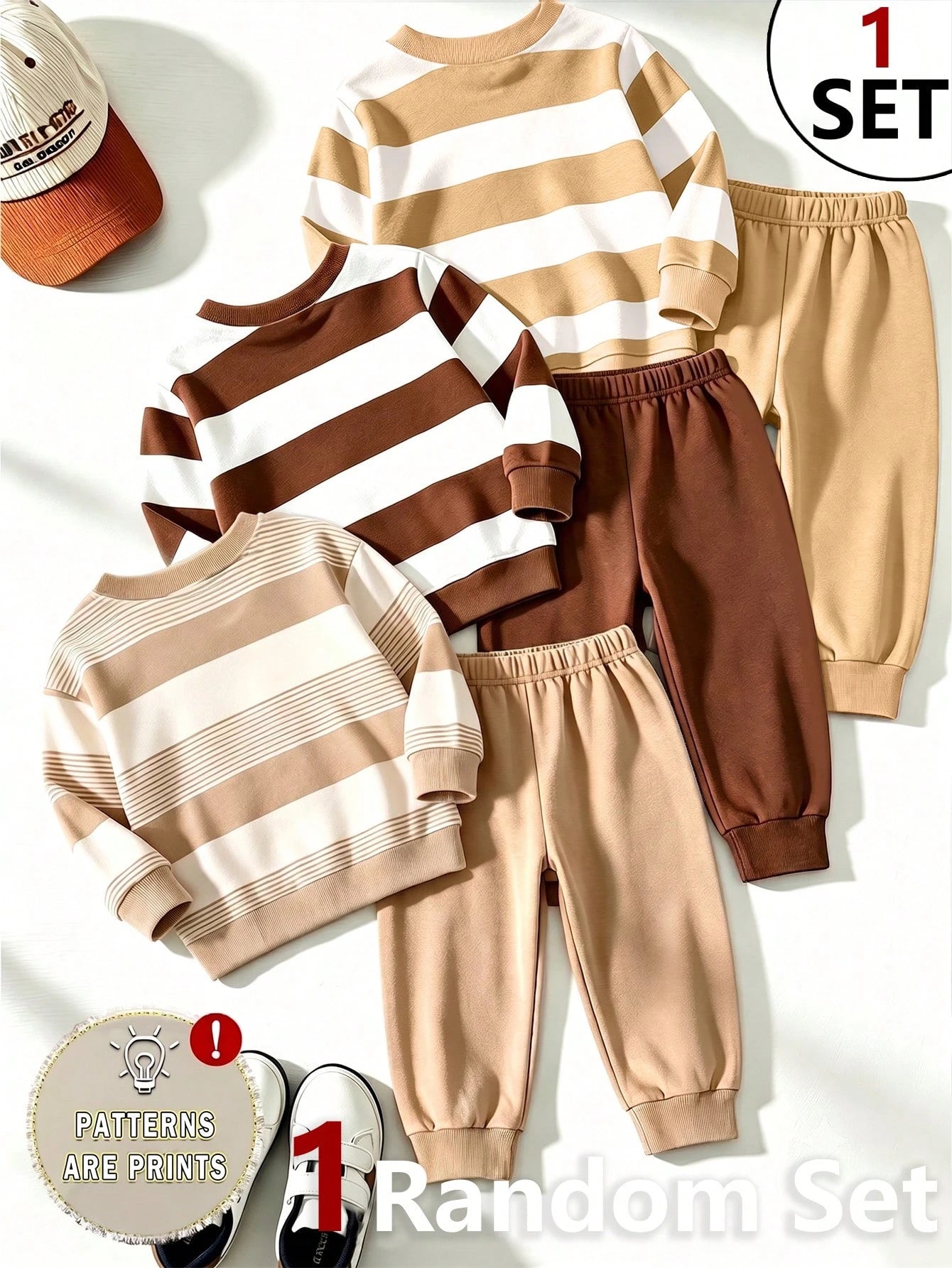 Souflis Souflis 1 Random Set From 3 Designs, Fresh Casual Cute Fun Cool Bear Hat Crossbody Bag Khaki Color With Brown Striped Print Pattern Round Neck Long