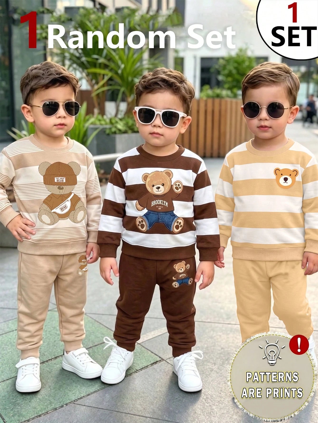 Souflis Souflis 1 Random Set From 3 Designs, Fresh Casual Cute Fun Cool Bear Hat Crossbody Bag Khaki Color With Brown Striped Print Pattern Round Neck Long