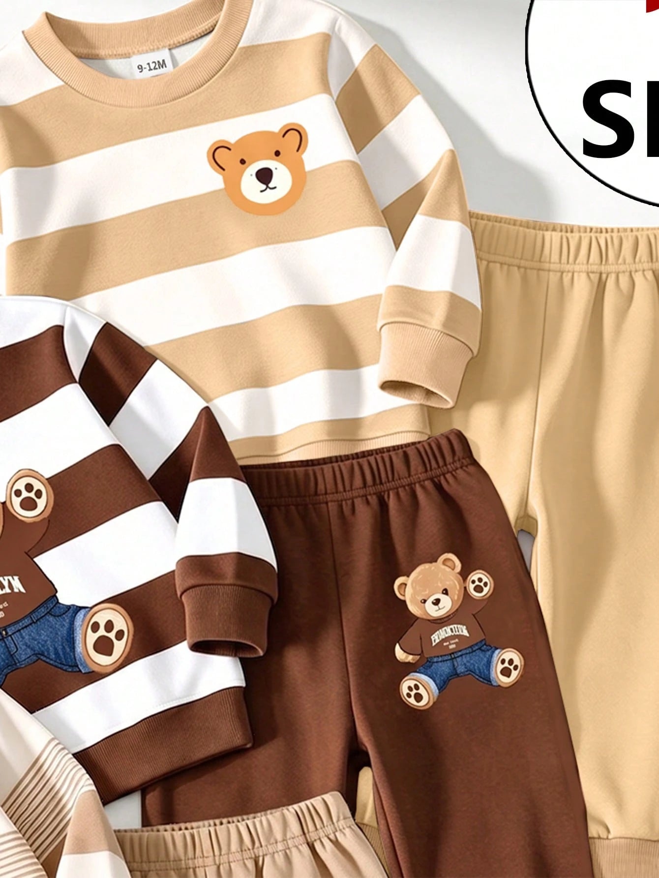 Souflis Souflis 1 Random Set From 3 Designs, Fresh Casual Cute Fun Cool Bear Hat Crossbody Bag Khaki Color With Brown Striped Print Pattern Round Neck Long