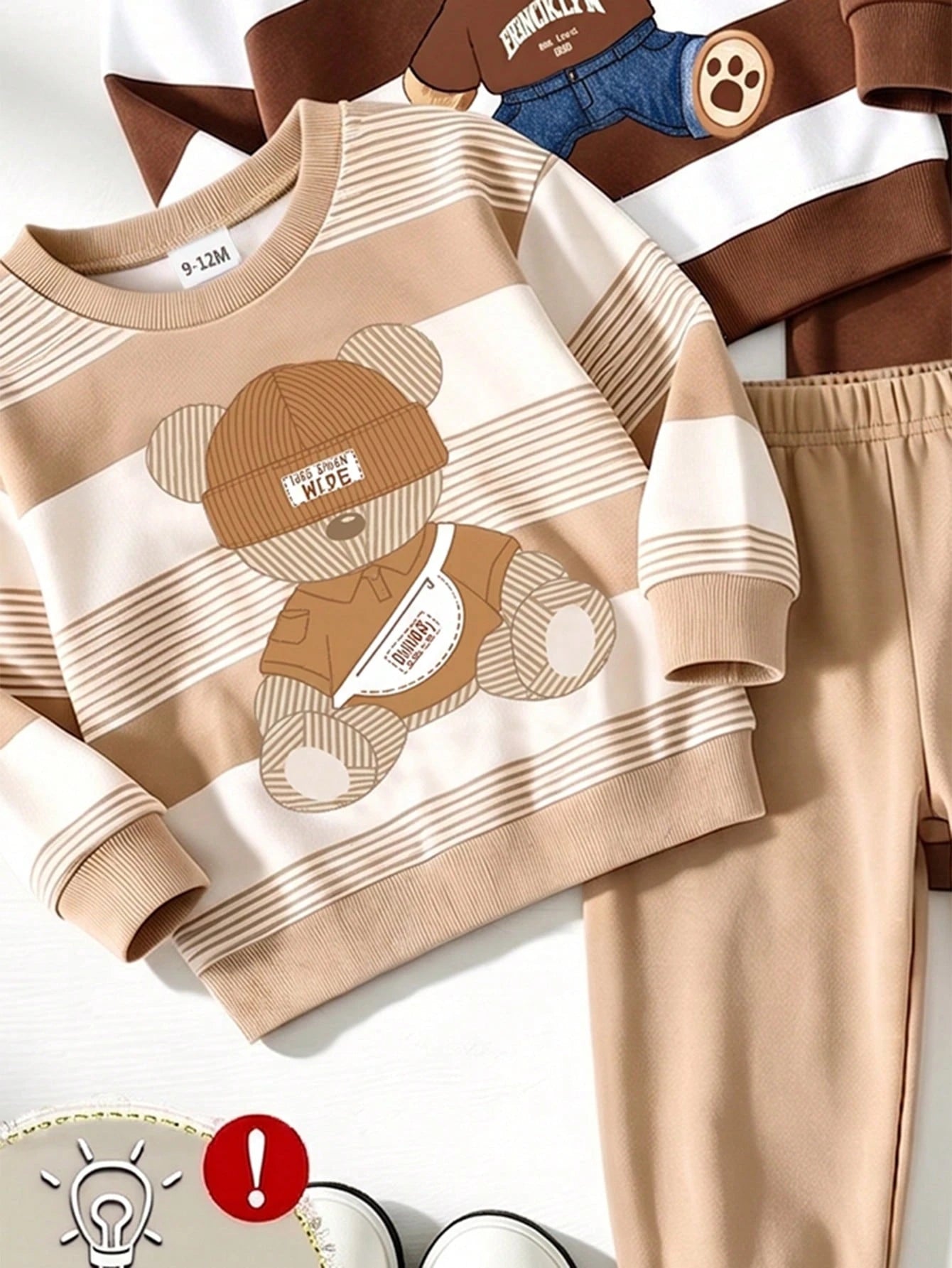 Souflis Souflis 1 Random Set From 3 Designs, Fresh Casual Cute Fun Cool Bear Hat Crossbody Bag Khaki Color With Brown Striped Print Pattern Round Neck Long