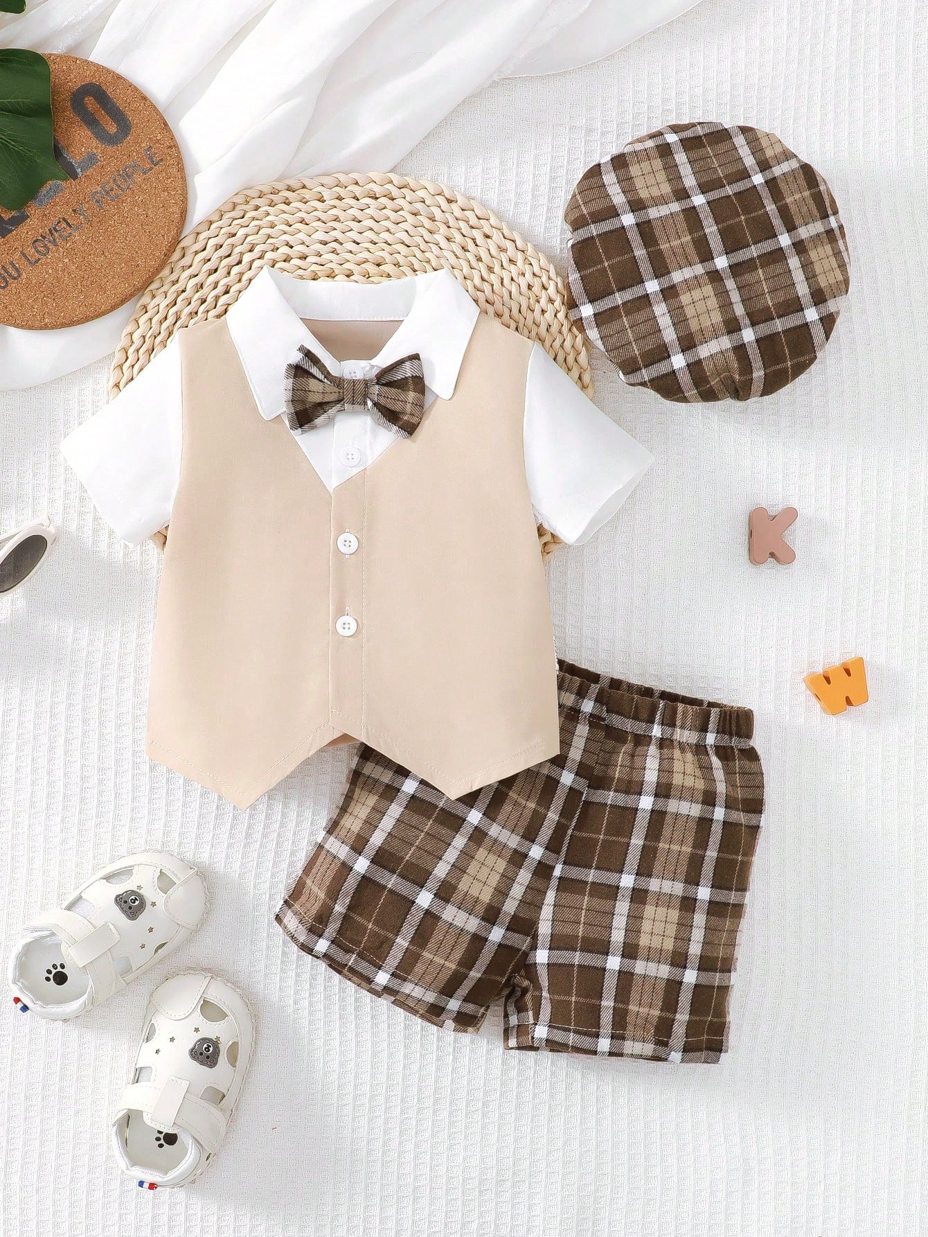 Souflis Souflis Gentleman Style Baby Boy's Plaid Shorts Set With Bow Tie 2 In 1 Short Sleeve Shirt And Hat, School ElegantMulticolorWoven Outfit, For Christmas