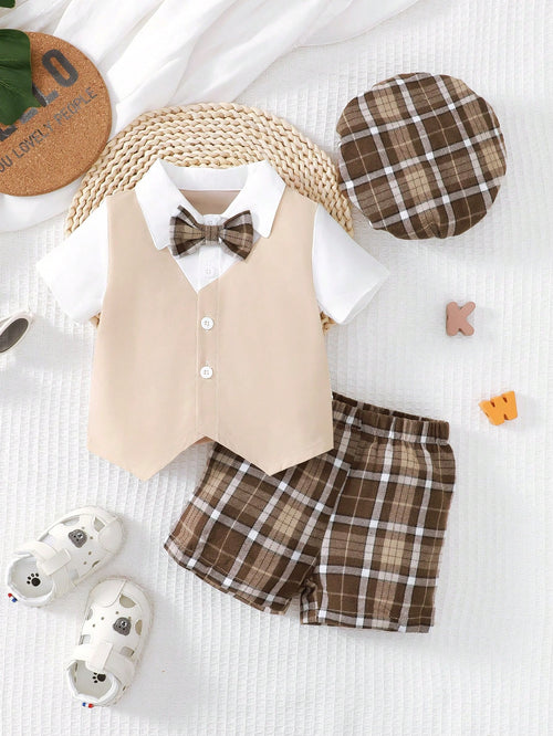 Souflis Souflis Gentleman Style Baby Boy's Plaid Shorts Set With Bow Tie 2 In 1 Short Sleeve Shirt And Hat, School ElegantMulticolorWoven Outfit, For Christmas