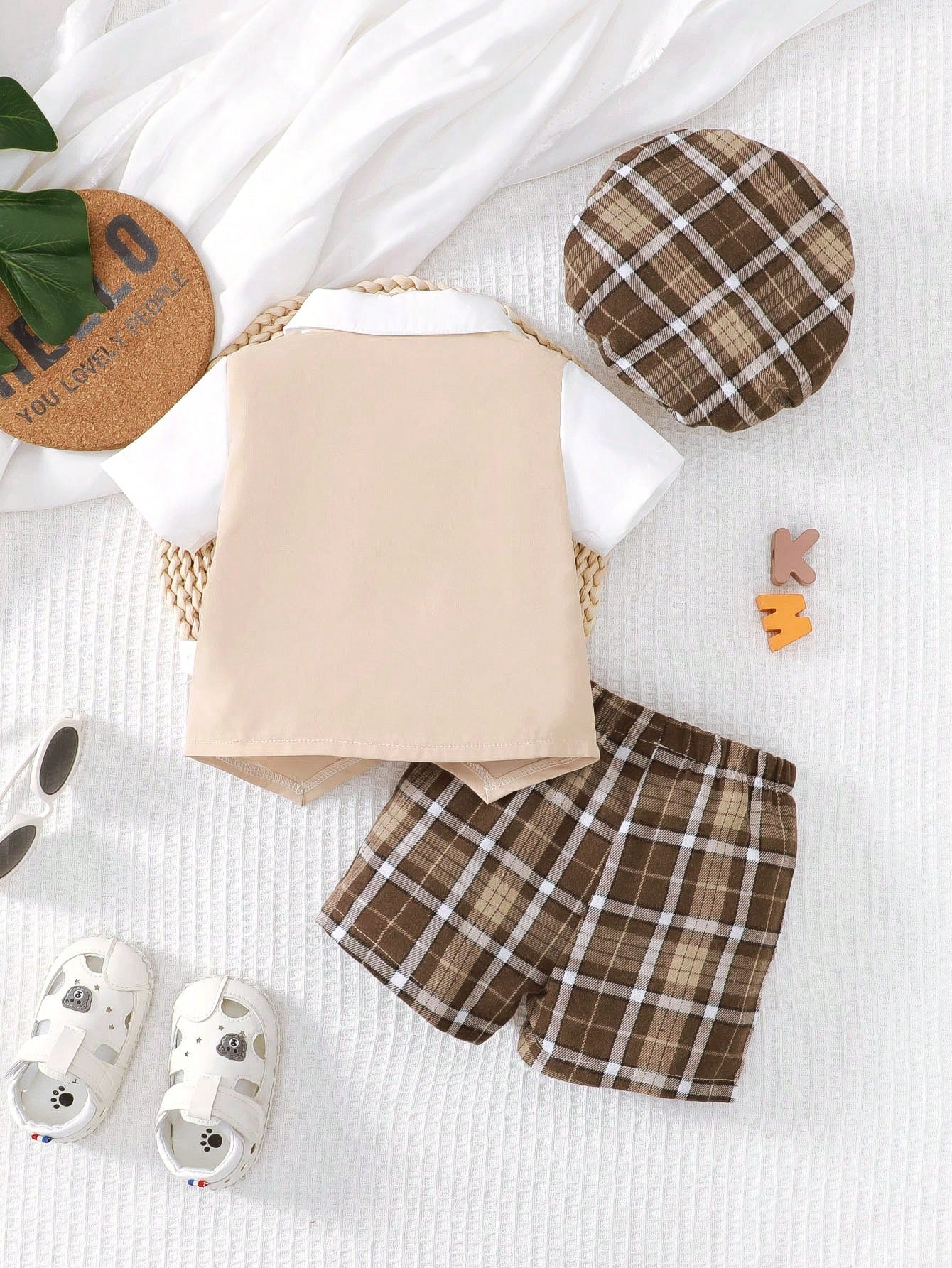 Souflis Souflis Gentleman Style Baby Boy's Plaid Shorts Set With Bow Tie 2 In 1 Short Sleeve Shirt And Hat, School ElegantMulticolorWoven Outfit, For Christmas