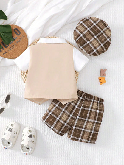 Souflis Souflis Gentleman Style Baby Boy's Plaid Shorts Set With Bow Tie 2 In 1 Short Sleeve Shirt And Hat, School ElegantMulticolorWoven Outfit, For Christmas