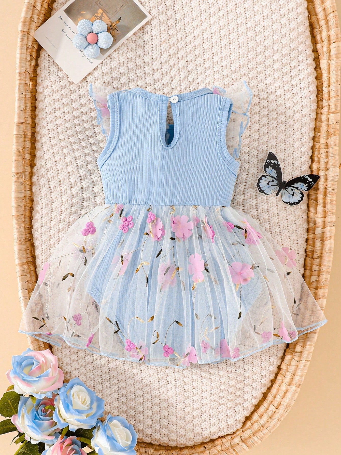 Souflis Souflis Newborn Baby Girl Summer Blue And Pink Sweet Princess Style Lace Bow Floral Embroidery Sleeveless Bo
