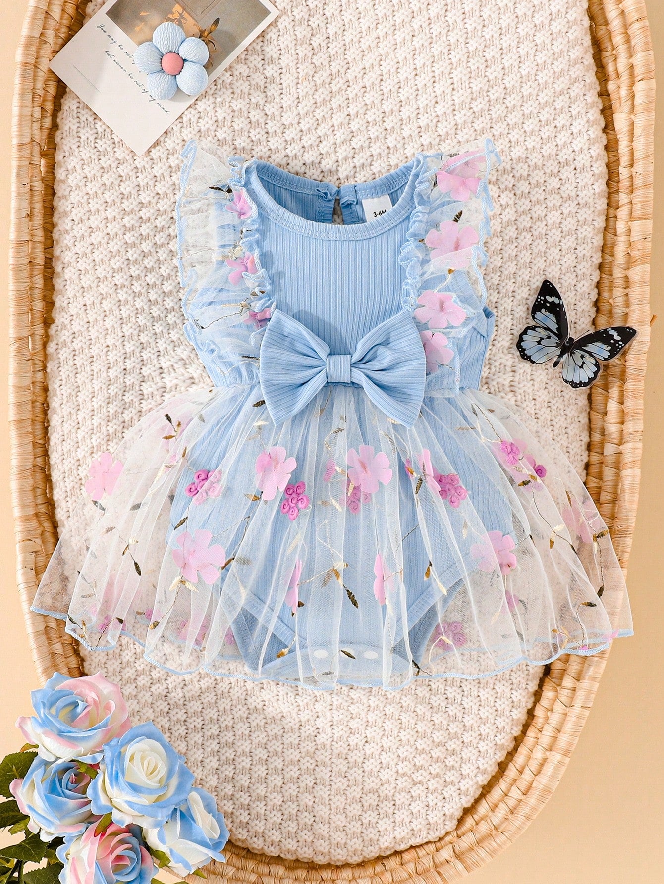 Souflis Souflis Newborn Baby Girl Summer Blue And Pink Sweet Princess Style Lace Bow Floral Embroidery Sleeveless Bo