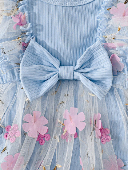 Souflis Souflis Newborn Baby Girl Summer Blue And Pink Sweet Princess Style Lace Bow Floral Embroidery Sleeveless Bo