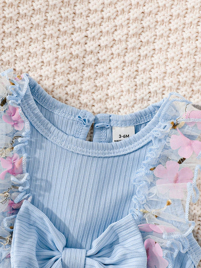 Souflis Souflis Newborn Baby Girl Summer Blue And Pink Sweet Princess Style Lace Bow Floral Embroidery Sleeveless Bo
