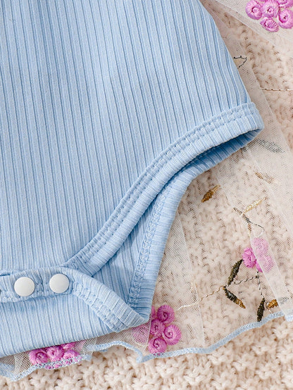Souflis Souflis Newborn Baby Girl Summer Blue And Pink Sweet Princess Style Lace Bow Floral Embroidery Sleeveless Bo
