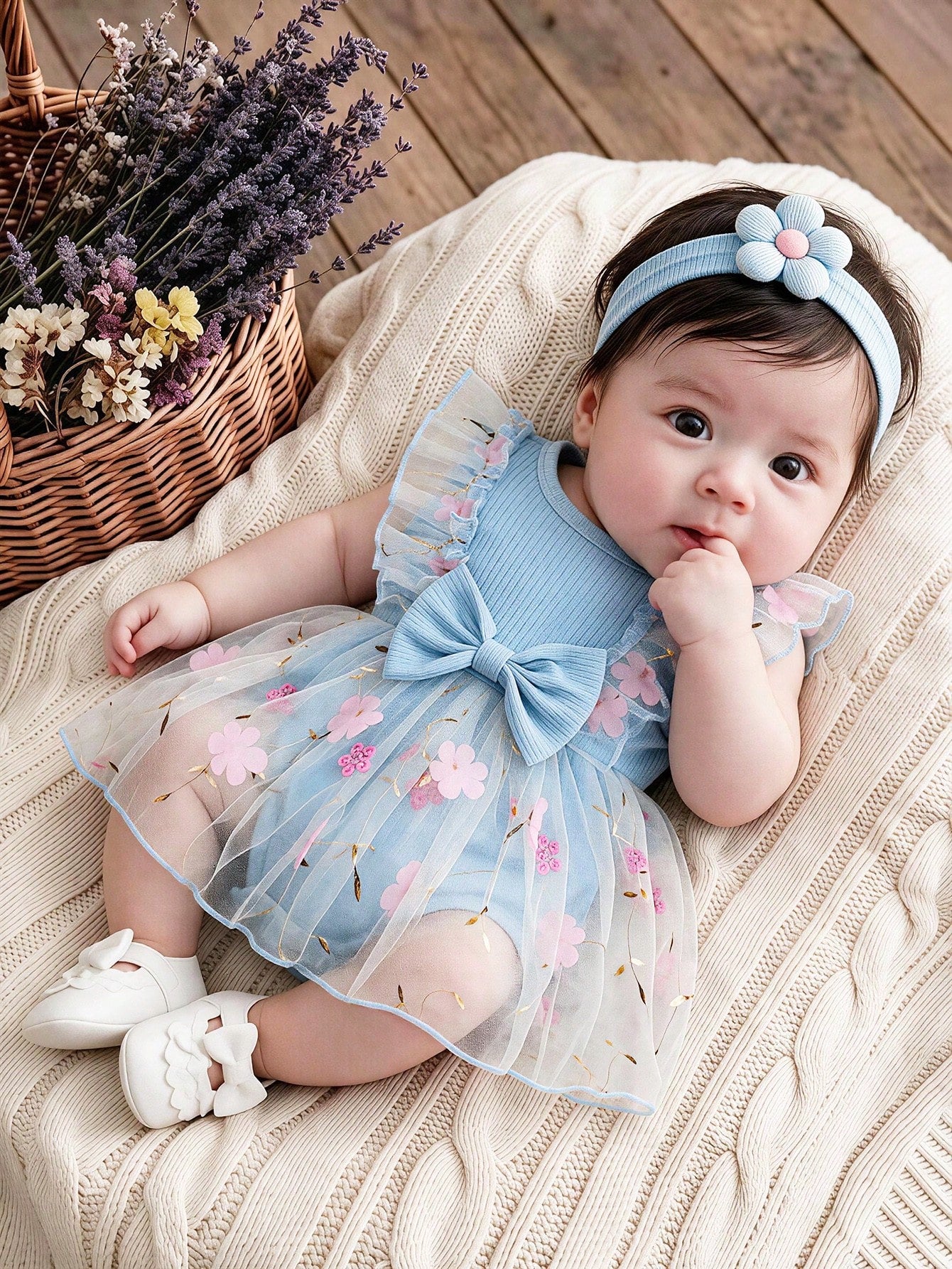 Souflis Souflis Newborn Baby Girl Summer Blue And Pink Sweet Princess Style Lace Bow Floral Embroidery Sleeveless Bo