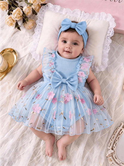 Souflis Souflis Newborn Baby Girl Summer Blue And Pink Sweet Princess Style Lace Bow Floral Embroidery Sleeveless Bo