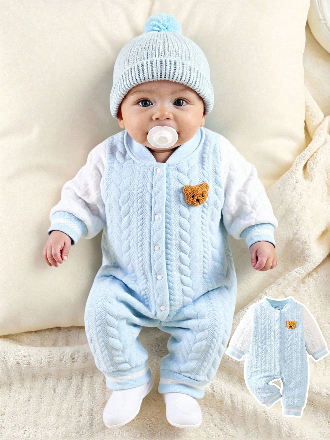 Souflis Souflis Newborn Unisex Infant 0-3Y Light Blue Snap Front Long Sleeve Jumpsuit Cute Blue White Stripe