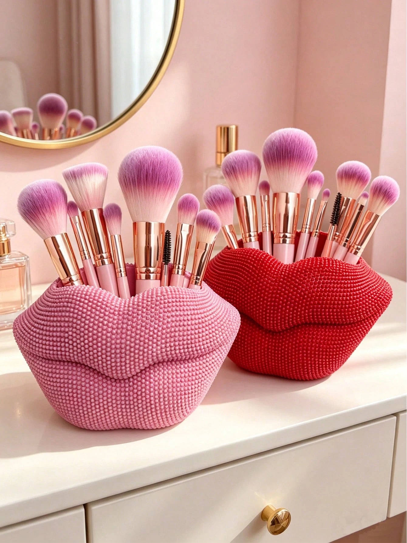 Sparkling Pink Rhinestone Lip-Shaped Makeup Brush Holder- Shiny Resin Lip-Shaped Organizer, Suitable For Storing Brushes, Pens And Makeup Tools On Vanity, Desk And Bathroom Counter. Adds A Bold And C