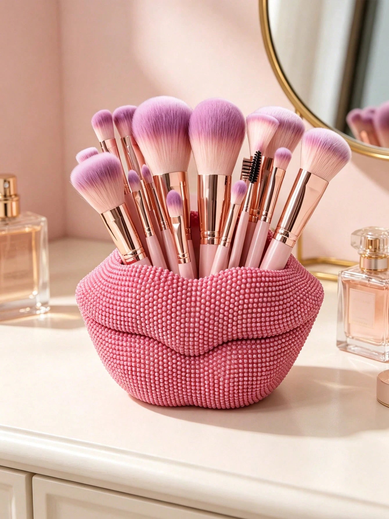 Sparkling Pink Rhinestone Lip-Shaped Makeup Brush Holder- Shiny Resin Lip-Shaped Organizer, Suitable For Storing Brushes, Pens And Makeup Tools On Vanity, Desk And Bathroom Counter. Adds A Bold And C