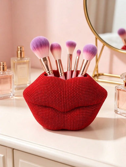 Sparkling Pink Rhinestone Lip-Shaped Makeup Brush Holder- Shiny Resin Lip-Shaped Organizer, Suitable For Storing Brushes, Pens And Makeup Tools On Vanity, Desk And Bathroom Counter. Adds A Bold And C