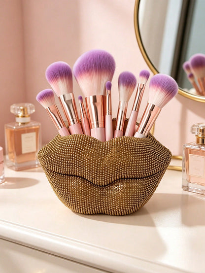 Sparkling Pink Rhinestone Lip-Shaped Makeup Brush Holder- Shiny Resin Lip-Shaped Organizer, Suitable For Storing Brushes, Pens And Makeup Tools On Vanity, Desk And Bathroom Counter. Adds A Bold And C