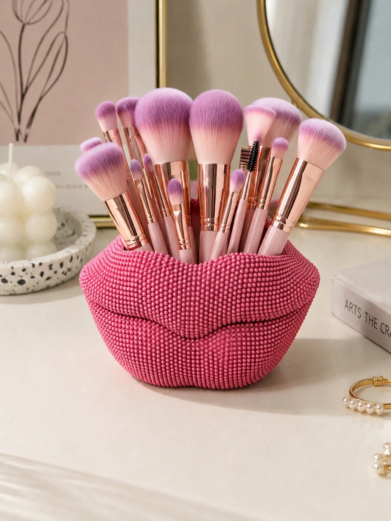Sparkling Pink Rhinestone Lip-Shaped Makeup Brush Holder- Shiny Resin Lip-Shaped Organizer, Suitable For Storing Brushes, Pens And Makeup Tools On Vanity, Desk And Bathroom Counter. Adds A Bold And C