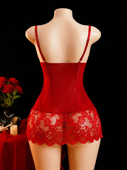 SpicyHot 2pcs/Set Women's Sexy Lace Trim Nightgown,Sexy Lingerie For Women,Adult,Honeymoon,Hot,Date Night,Lingerie,Lace Sexy Lingerie,Lingerie Set,Sexy Outfit