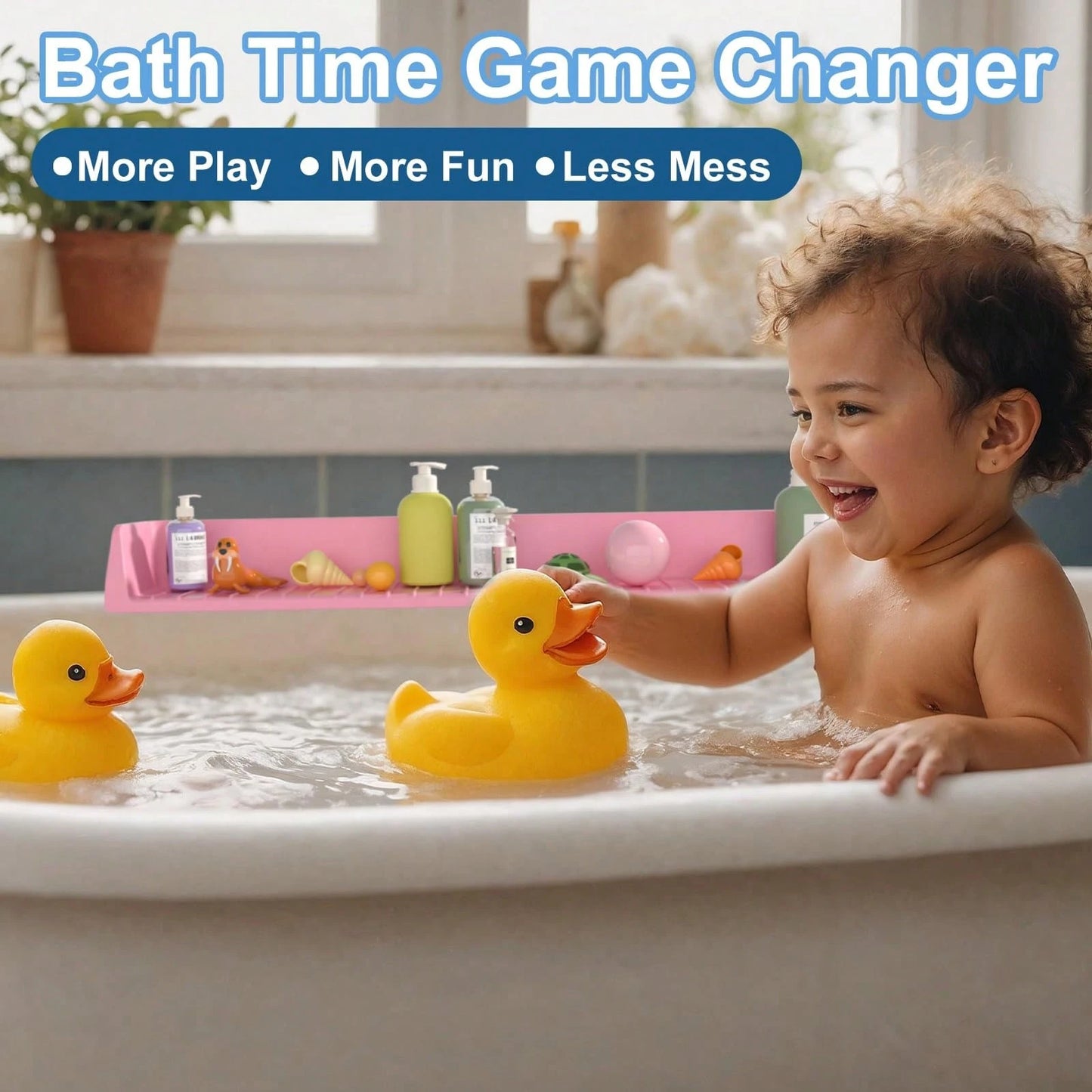 Splash Guard For Bathtub Kids, Silicone Bath Splash Guard Play Shelf, Tub Water Guards Longer Bath Tray Holder, Bath Tub Splash Guard Prevent Water Spills In Bathroom (2.6FT, Pink)