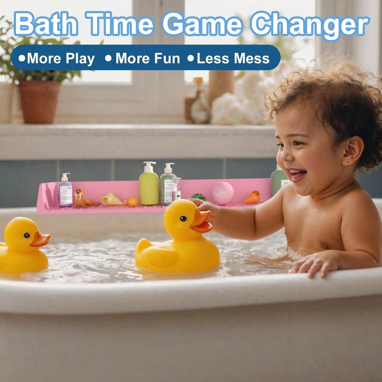 Splash Guard For Bathtub Kids, Silicone Bath Splash Guard Play Shelf, Tub Water Guards Longer Bath Tray Holder, Bath Tub Splash Guard Prevent Water Spills In Bathroom (2.6FT, Pink)