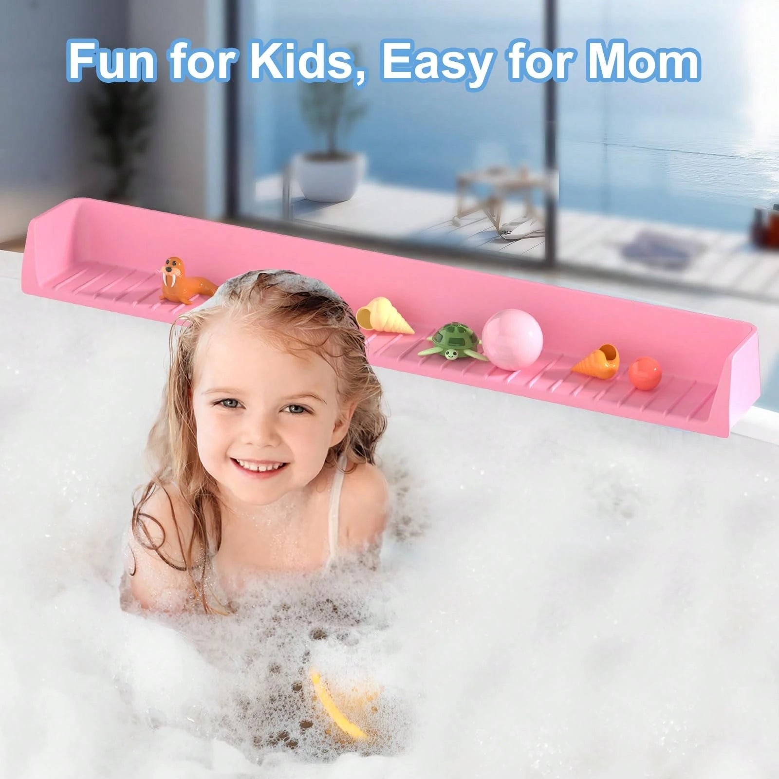 Splash Guard For Bathtub Kids, Silicone Bath Splash Guard Play Shelf, Tub Water Guards Longer Bath Tray Holder, Bath Tub Splash Guard Prevent Water Spills In Bathroom (2.6FT, Pink)