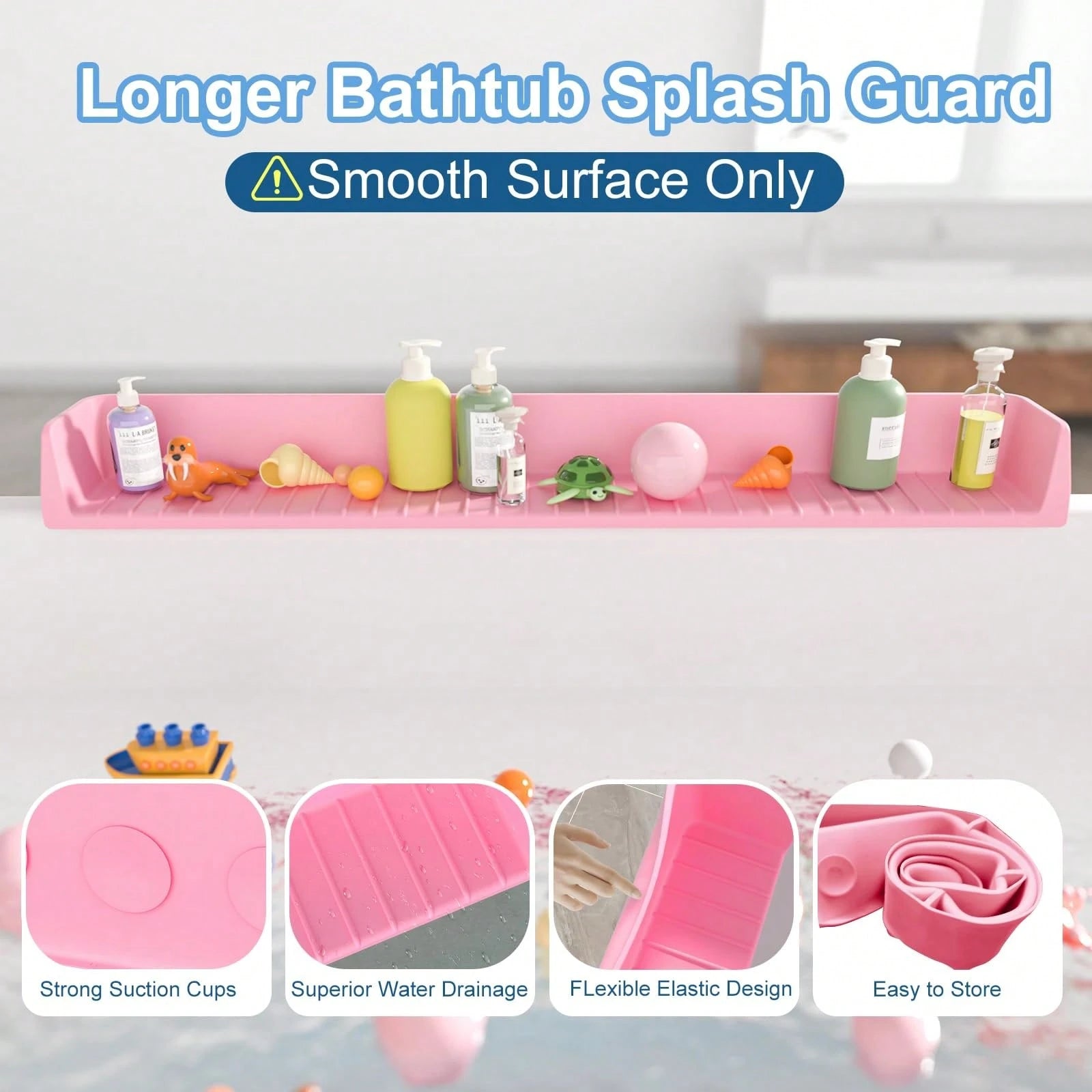 Splash Guard For Bathtub Kids, Silicone Bath Splash Guard Play Shelf, Tub Water Guards Longer Bath Tray Holder, Bath Tub Splash Guard Prevent Water Spills In Bathroom (2.6FT, Pink)