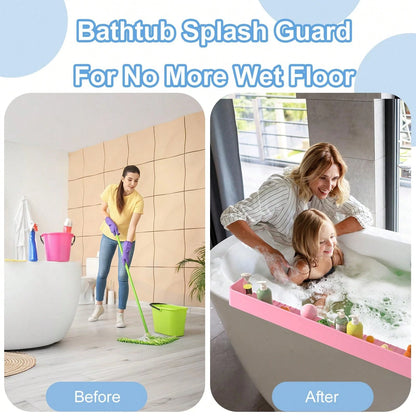 Splash Guard For Bathtub Kids, Silicone Bath Splash Guard Play Shelf, Tub Water Guards Longer Bath Tray Holder, Bath Tub Splash Guard Prevent Water Spills In Bathroom (2.6FT, Pink)