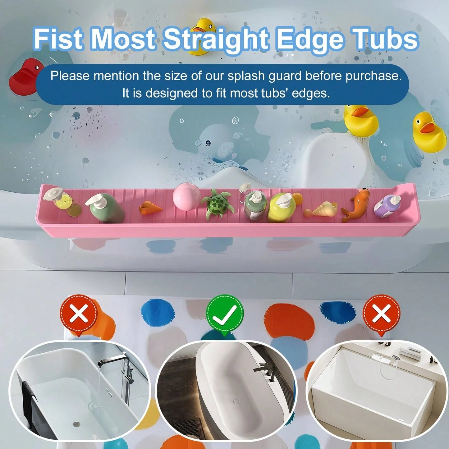 Splash Guard For Bathtub Kids, Silicone Bath Splash Guard Play Shelf, Tub Water Guards Longer Bath Tray Holder, Bath Tub Splash Guard Prevent Water Spills In Bathroom (2.6FT, Pink)