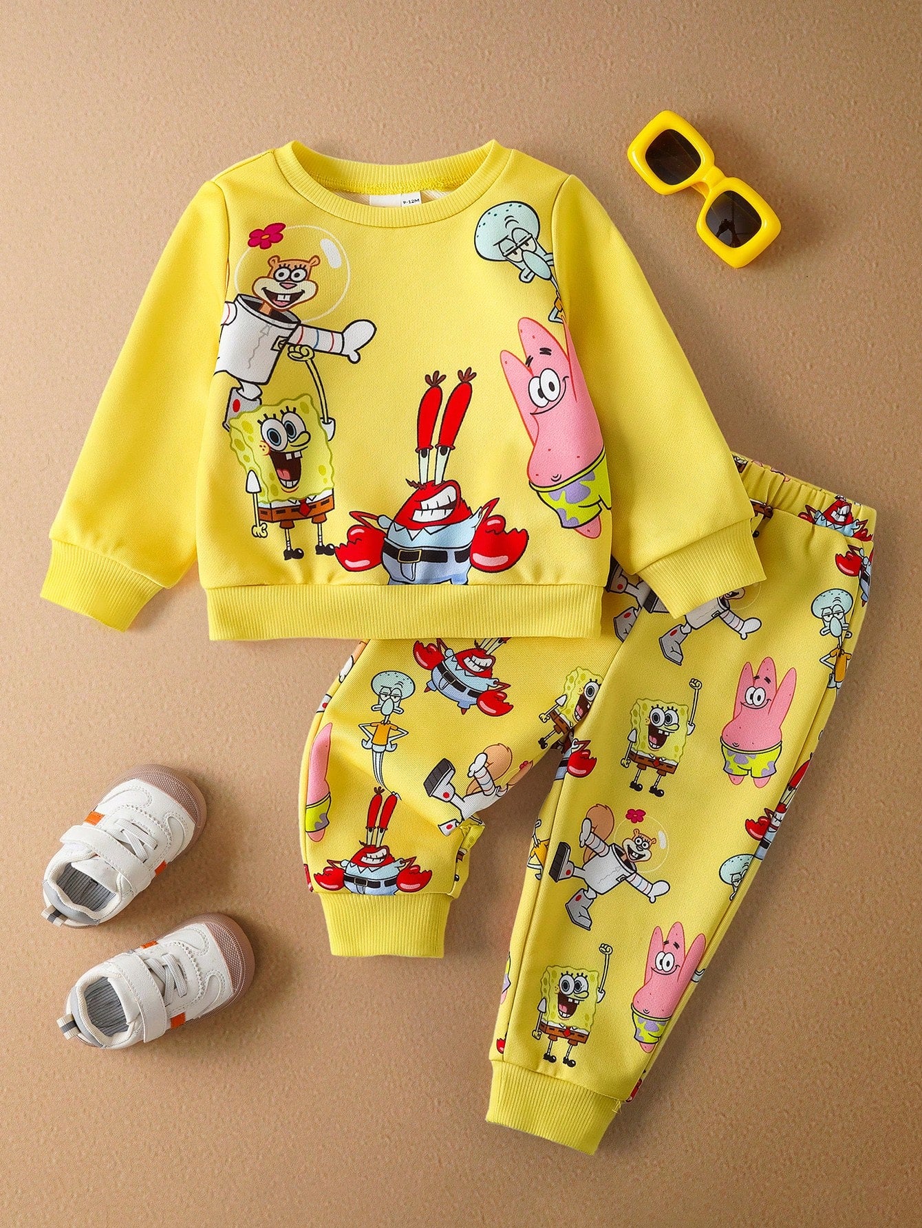 SpongeBob SquarePants| 2pcs Baby Boy Cartoon Pattern Cute Yellow Casual Long Sleeve Crew Neck Sweatshirt And Pants Set