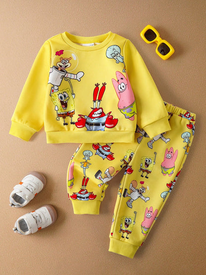 SpongeBob SquarePants| 2pcs Baby Boy Cartoon Pattern Cute Yellow Casual Long Sleeve Crew Neck Sweatshirt And Pants Set