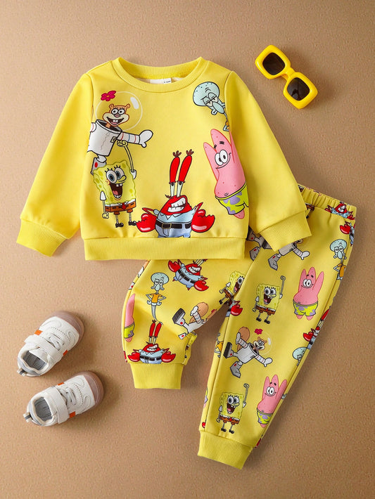 SpongeBob SquarePants| 2pcs Baby Boy Cartoon Pattern Cute Yellow Casual Long Sleeve Crew Neck Sweatshirt And Pants Set