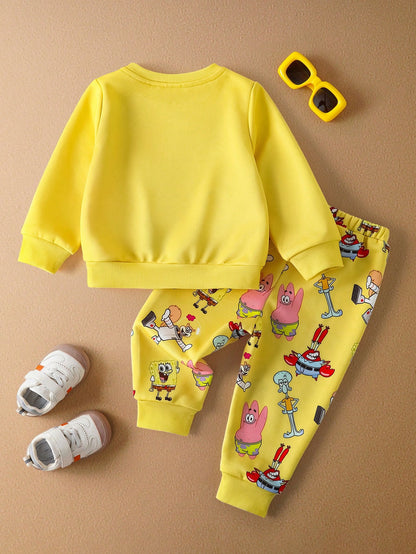 SpongeBob SquarePants| 2pcs Baby Boy Cartoon Pattern Cute Yellow Casual Long Sleeve Crew Neck Sweatshirt And Pants Set
