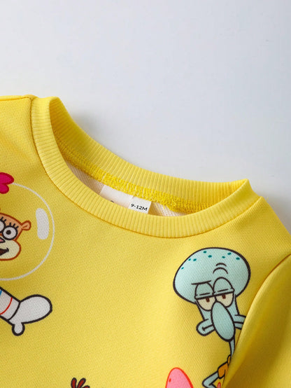 SpongeBob SquarePants| 2pcs Baby Boy Cartoon Pattern Cute Yellow Casual Long Sleeve Crew Neck Sweatshirt And Pants Set