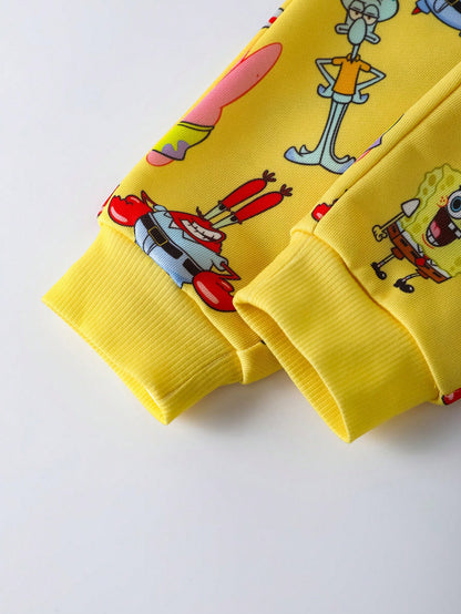 SpongeBob SquarePants| 2pcs Baby Boy Cartoon Pattern Cute Yellow Casual Long Sleeve Crew Neck Sweatshirt And Pants Set