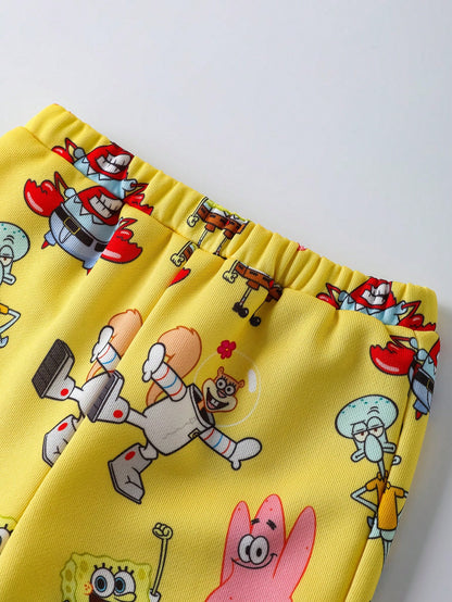 SpongeBob SquarePants| 2pcs Baby Boy Cartoon Pattern Cute Yellow Casual Long Sleeve Crew Neck Sweatshirt And Pants Set