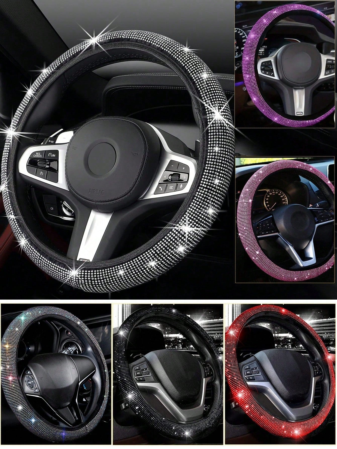 Steering Wheel Cover For Women Men Bling Bling Crystal Diamond Sparkling Car SUV Wheel Protector Universal Fit 15 Inch,Car Bling Steering Wheel Cover For Women Girls,Universal Colorful Crystal Rhinest