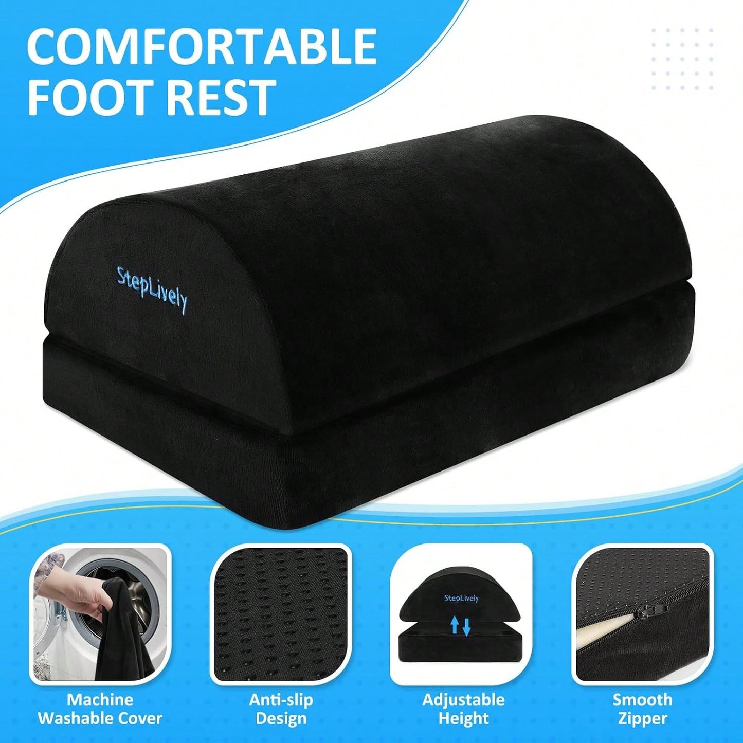 StepLively Foot Rest For Under Desk At Work, Comfortable Foot Stool With 2 Adjustable Heights, Footrest With Washable Cover, For Back &Amp; Hip Pain Relief, Suitable For Office, Home And Car (Black)
