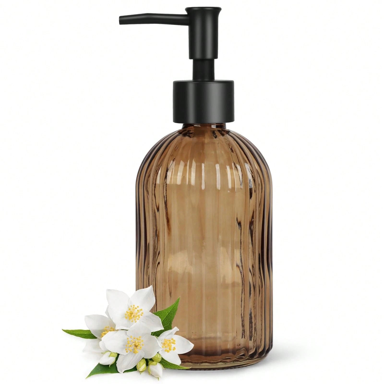 Stripe-Patterened Glass Soap Dispenser With Black Plastic Pump, 400ml Liquid Hand Soap Dispenser, Rustproof Pump For Kitchen & Bathroom, Great For Lotions, Essential Oil, Liquid Soaps-Amber