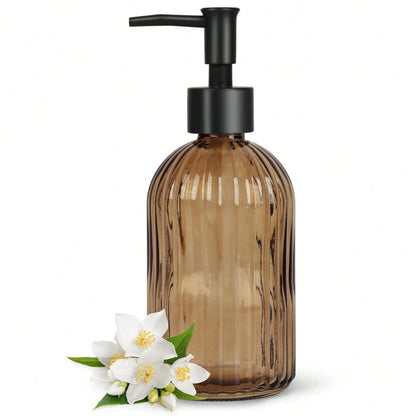 Stripe-Patterened Glass Soap Dispenser With Black Plastic Pump, 400ml Liquid Hand Soap Dispenser, Rustproof Pump For Kitchen & Bathroom, Great For Lotions, Essential Oil, Liquid Soaps-Amber