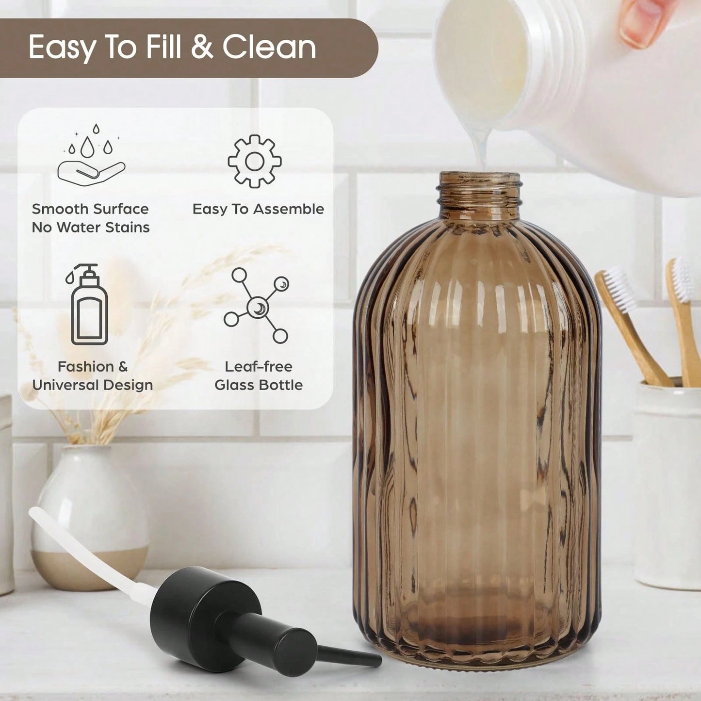 Stripe-Patterened Glass Soap Dispenser With Black Plastic Pump, 400ml Liquid Hand Soap Dispenser, Rustproof Pump For Kitchen & Bathroom, Great For Lotions, Essential Oil, Liquid Soaps-Amber