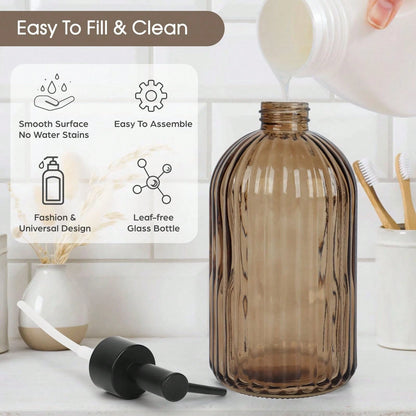 Stripe-Patterened Glass Soap Dispenser With Black Plastic Pump, 400ml Liquid Hand Soap Dispenser, Rustproof Pump For Kitchen & Bathroom, Great For Lotions, Essential Oil, Liquid Soaps-Amber