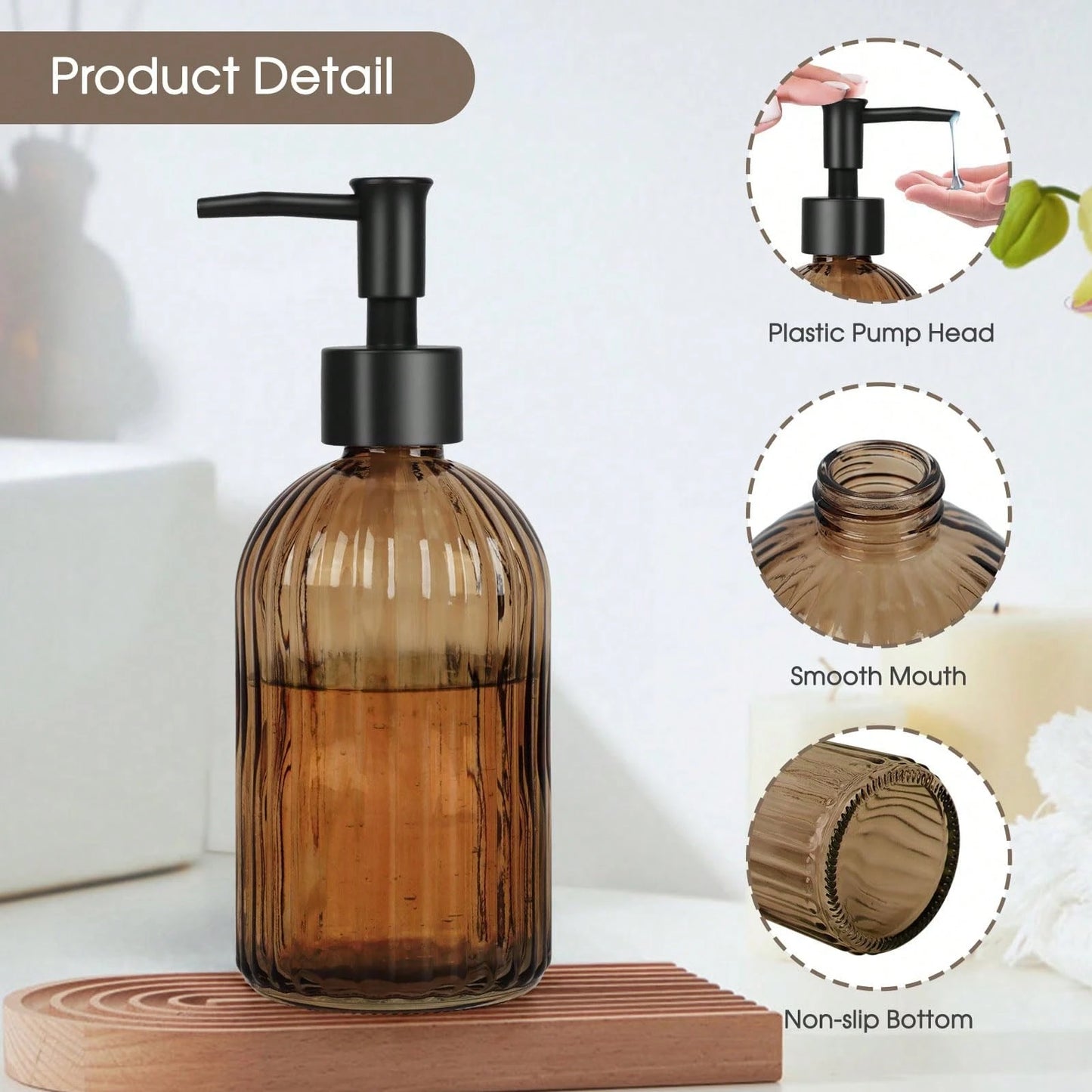 Stripe-Patterened Glass Soap Dispenser With Black Plastic Pump, 400ml Liquid Hand Soap Dispenser, Rustproof Pump For Kitchen & Bathroom, Great For Lotions, Essential Oil, Liquid Soaps-Amber
