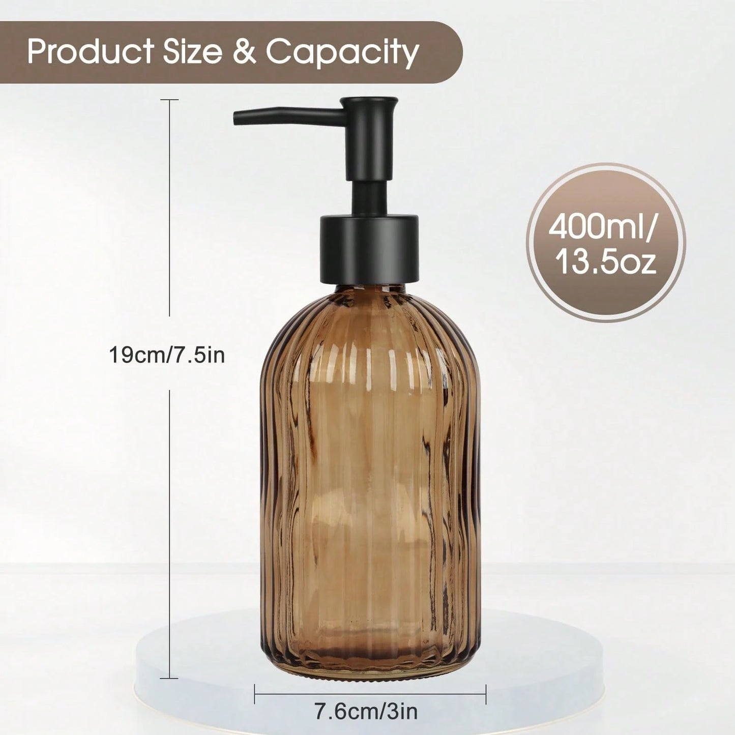 Stripe-Patterened Glass Soap Dispenser With Black Plastic Pump, 400ml Liquid Hand Soap Dispenser, Rustproof Pump For Kitchen & Bathroom, Great For Lotions, Essential Oil, Liquid Soaps-Amber