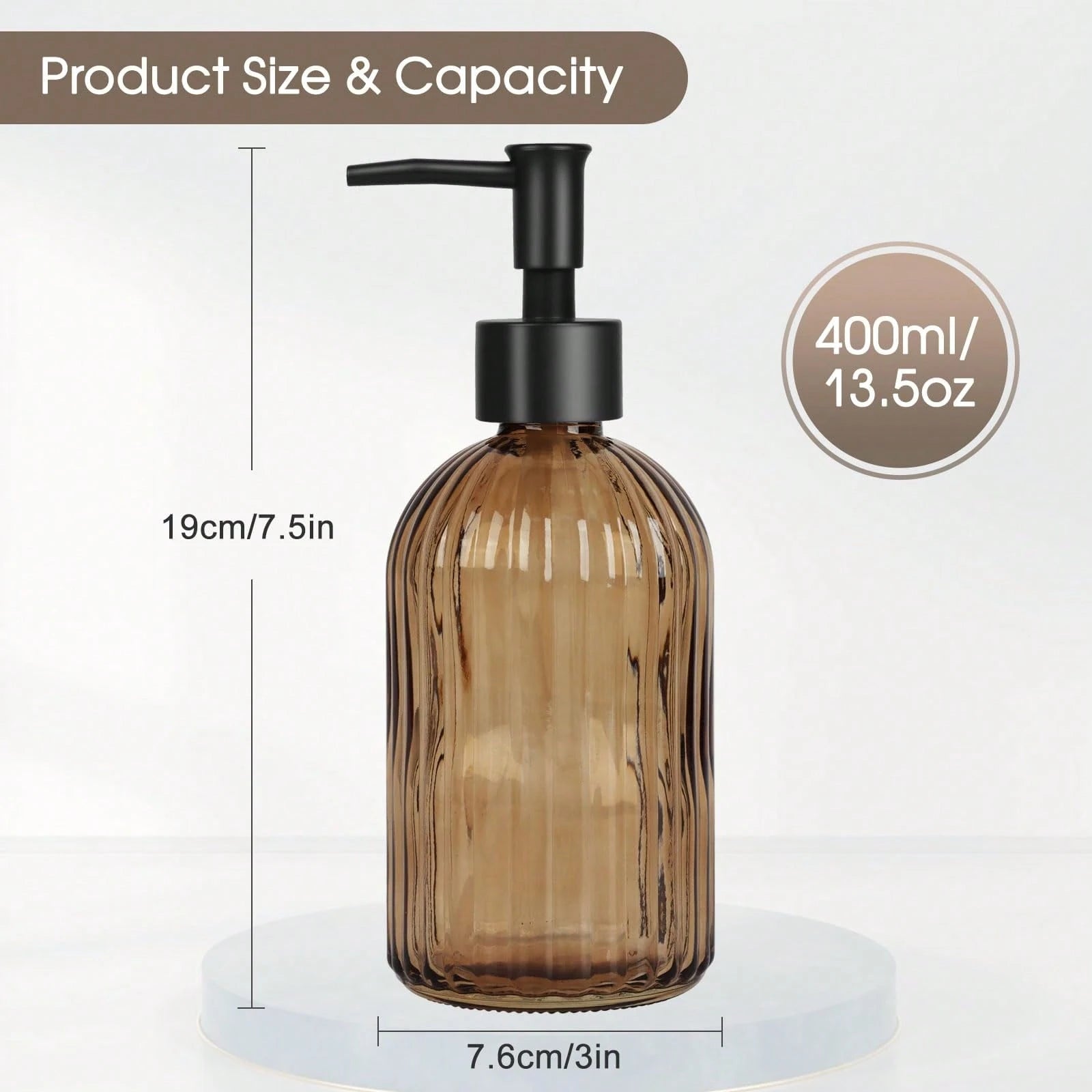 Stripe-Patterened Glass Soap Dispenser With Black Plastic Pump, 400ml Liquid Hand Soap Dispenser, Rustproof Pump For Kitchen & Bathroom, Great For Lotions, Essential Oil, Liquid Soaps-Amber