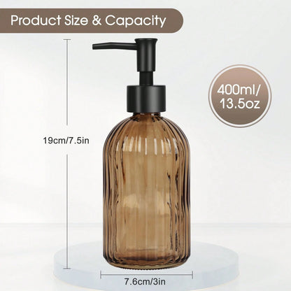 Stripe-Patterened Glass Soap Dispenser With Black Plastic Pump, 400ml Liquid Hand Soap Dispenser, Rustproof Pump For Kitchen & Bathroom, Great For Lotions, Essential Oil, Liquid Soaps-Amber