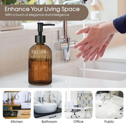 Stripe-Patterened Glass Soap Dispenser With Black Plastic Pump, 400ml Liquid Hand Soap Dispenser, Rustproof Pump For Kitchen & Bathroom, Great For Lotions, Essential Oil, Liquid Soaps-Amber