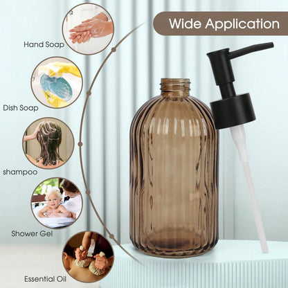 Stripe-Patterened Glass Soap Dispenser With Black Plastic Pump, 400ml Liquid Hand Soap Dispenser, Rustproof Pump For Kitchen & Bathroom, Great For Lotions, Essential Oil, Liquid Soaps-Amber